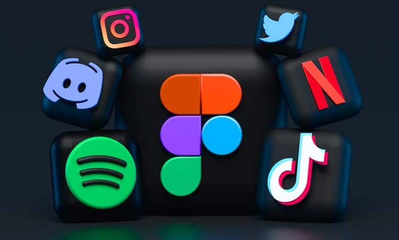 3d render of six floating cubes, each featuring a different popular social media logo: instagram, twitter, discord, figma, spotify, and tiktok, against a dark background.