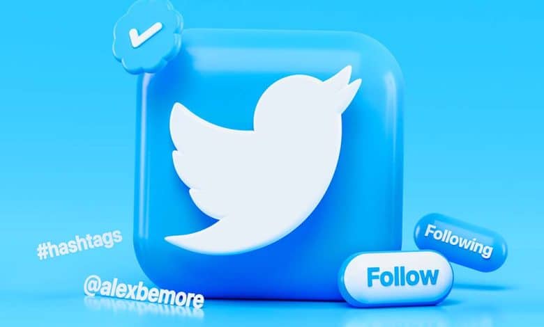 3d illustration of the twitter logo, a white bird on a blue background, surrounded by related icons and words like "follow," "following," "#hashtags," and "@alexbemore" on a vibrant blue background.