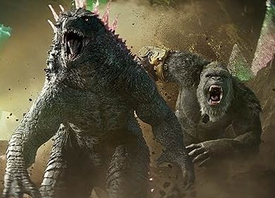 An intense scene from 'Godzilla X Kong' showing Godzilla and King Kong roaring fiercely at each other, with Godzilla on the left displaying spiky back plates and glowing blue, and King Kong on