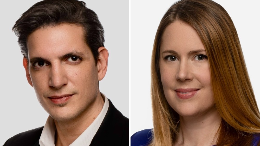 Dual portrait of Megan Espinoza and a man against a gray backdrop. The man on the left has short dark hair and wears a black suit with a white shirt. Megan, on the right,