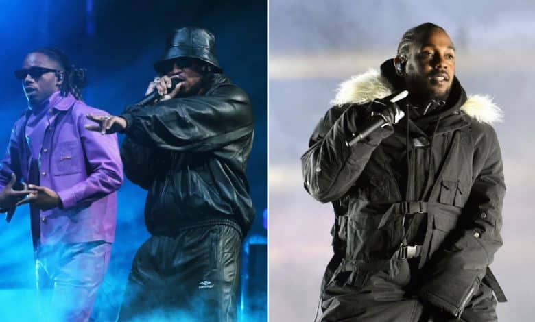 Split image of two concert scenes. On the left, two male hip-hop artists perform under blue lights, one in a purple jacket and sunglasses, the other in black. On the right, Kendrick's