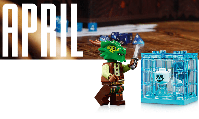 A Lego orc figure holding a sword, standing next to a transparent blue cage with a skull emblem, positioned on a wooden surface with scattered blue dice. The word "April" is displayed in large white