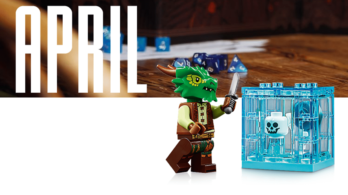 A Lego orc figure holding a sword, standing next to a transparent blue cage with a skull emblem, positioned on a wooden surface with scattered blue dice. The word "April" is displayed in large white