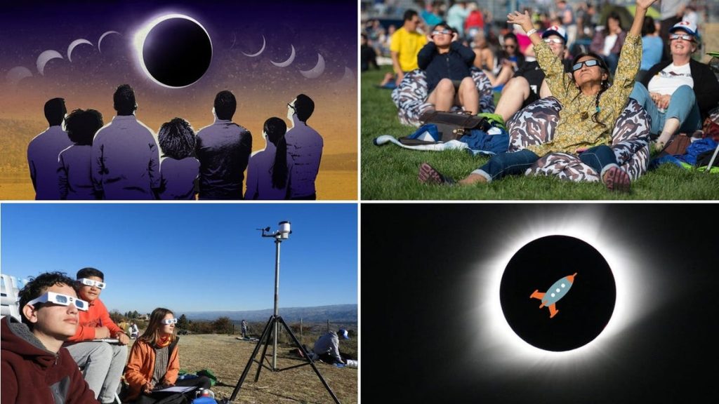Collage of four images of people viewing solar eclipses. Two groups wear eclipse glasses outdoors, one image shows a telescope, and one creatively depicts an eclipse with a spaceship silhouette as described in the Ultimate