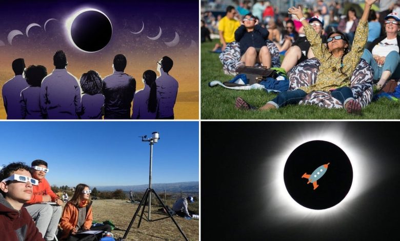 Collage of four images of people viewing solar eclipses. Two groups wear eclipse glasses outdoors, one image shows a telescope, and one creatively depicts an eclipse with a spaceship silhouette as described in the Ultimate