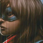 A digital portrait of a young woman with brown hair, wearing a dark mask around her eyes, resembling Ms. Marvel's style, looking over her shoulder with an intense gaze. Her hair blows softly,