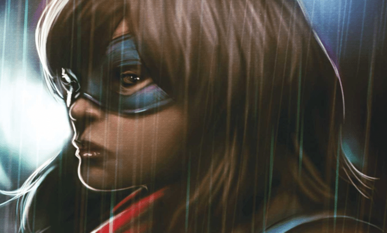 A digital portrait of a young woman with brown hair, wearing a dark mask around her eyes, resembling Ms. Marvel's style, looking over her shoulder with an intense gaze. Her hair blows softly,