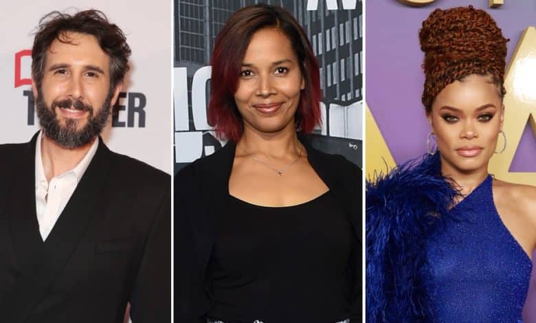 Three celebrities at different events. From left: Josh Groban, a man with curly hair and a beard in a black suit; Rhiannon Giddens, a woman with shoulder-length brown hair