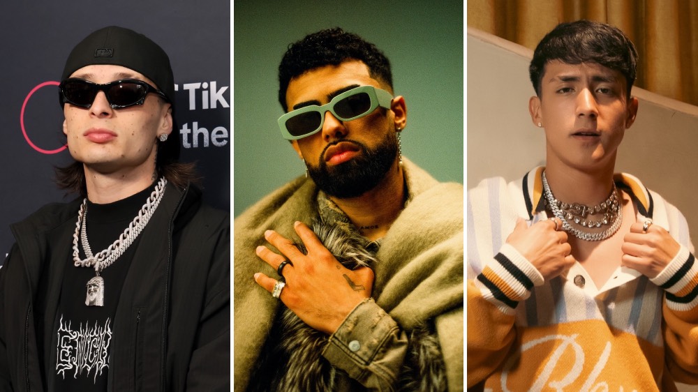 Three men posing separately: the first wears sunglasses, a cap, and chain necklaces. The second, in round sunglasses, holds a collar at the Latin American Music Awards. The third adjusts a layered