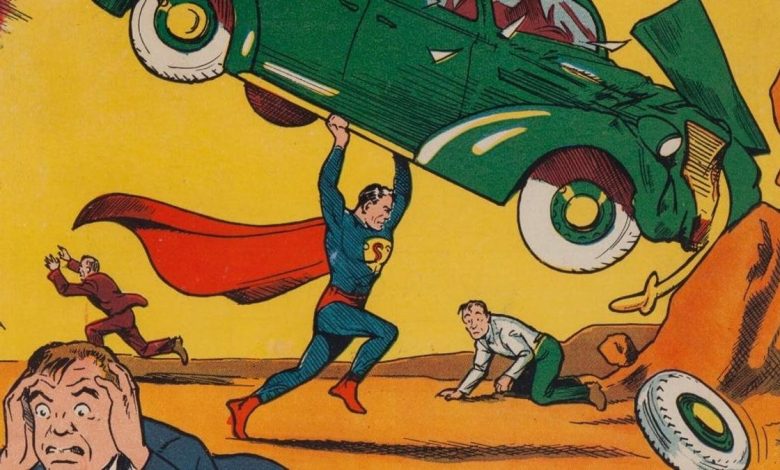 Superman, dressed in a blue suit with a red cape, lifts a green car overhead while three alarmed men observe, one close-up in distress. The background features yellow and orange tones, with a