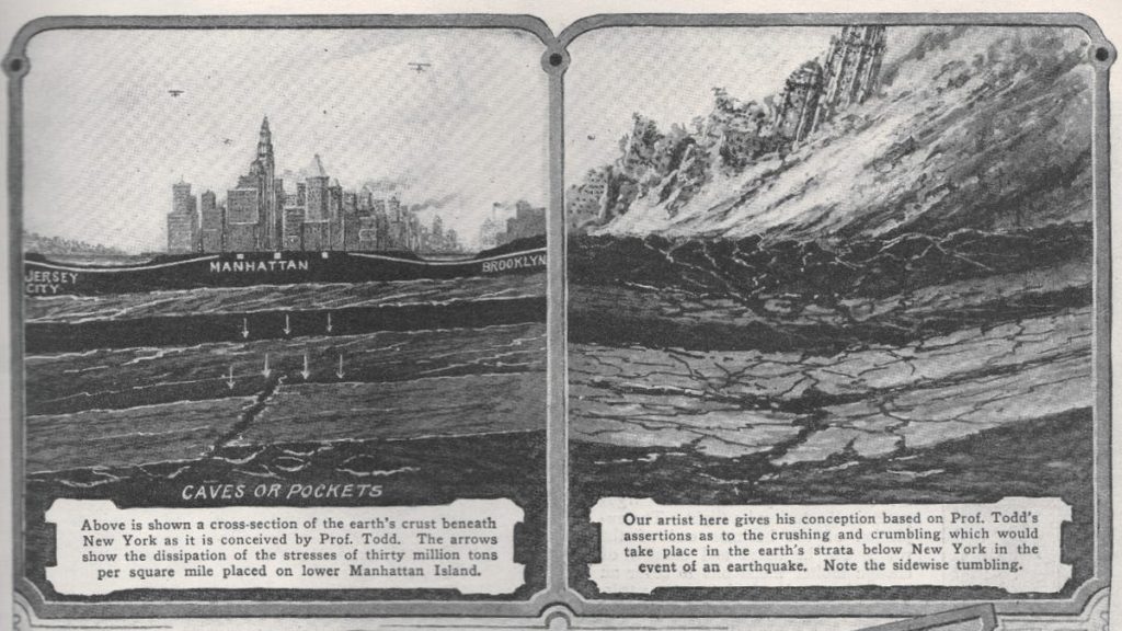 The image features two illustrations. On the left, a cross-section of the Earth beneath New York, showing stress arrows indicating pressure on Manhattan. On the right, an artistic impression inspired by over-100