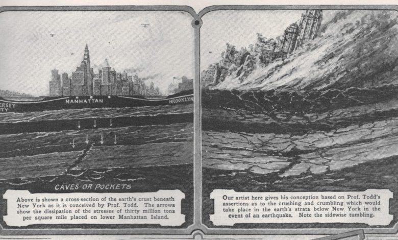 The image features two illustrations. On the left, a cross-section of the Earth beneath New York, showing stress arrows indicating pressure on Manhattan. On the right, an artistic impression inspired by over-100