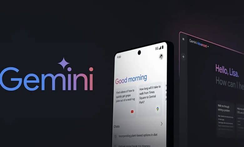 An image displaying the interface of the Google Gemini app on two devices with a dark background. The left device shows a message screen, and the right highlights a voice assistant feature with the greeting "Hello,