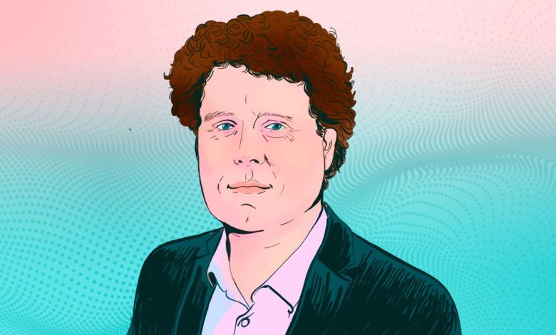 Illustration of a middle-aged Caucasian man with curly brown hair, wearing a black jacket over a white shirt. He is set against a stylized teal background with Rocket Lab's aesthetic pink gradient at the