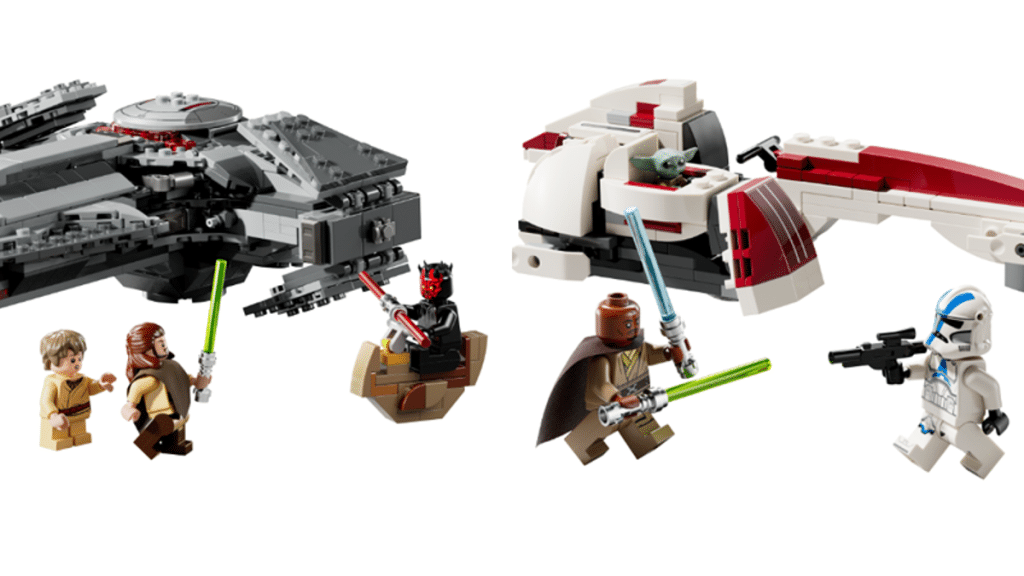 Two Lego Star Wars sets featuring Ahmed Best's Jedi debut in iconic vehicles and characters. On the left, a Lego Millennium Falcon with figures of Han Solo and Darth Maul. On the right, a Lego