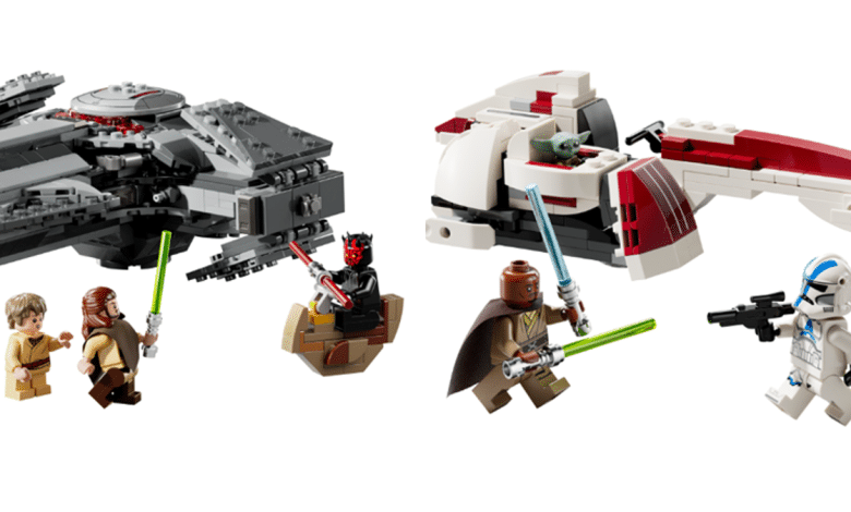 Two Lego Star Wars sets featuring Ahmed Best's Jedi debut in iconic vehicles and characters. On the left, a Lego Millennium Falcon with figures of Han Solo and Darth Maul. On the right, a Lego