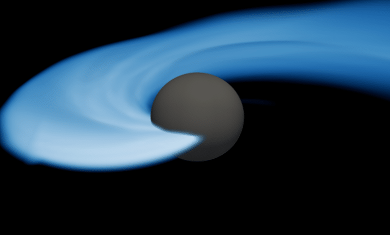 A dark spherical object on the left, possibly representing a black hole, with a bright blue accretion disk swirling around it, unveiling the intense gravitational forces and spacetime ripples at work.