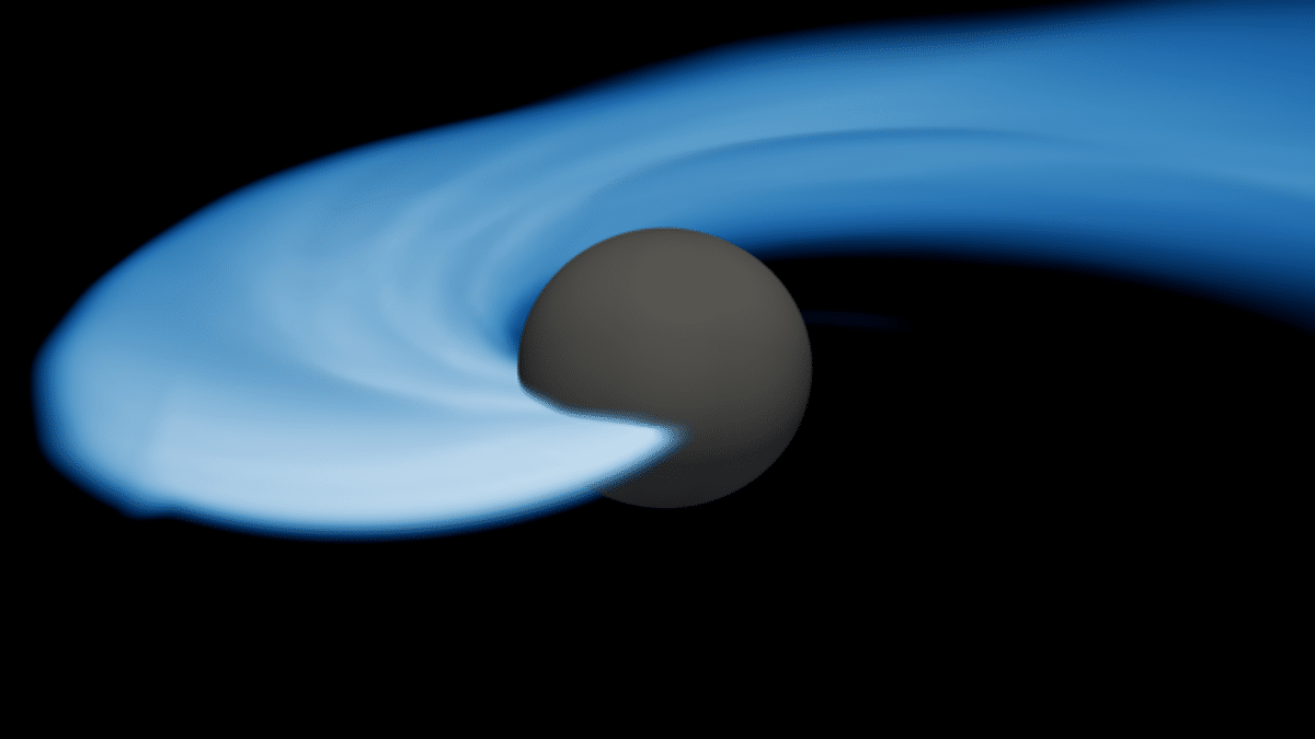 A dark spherical object on the left, possibly representing a black hole, with a bright blue accretion disk swirling around it, unveiling the intense gravitational forces and spacetime ripples at work.