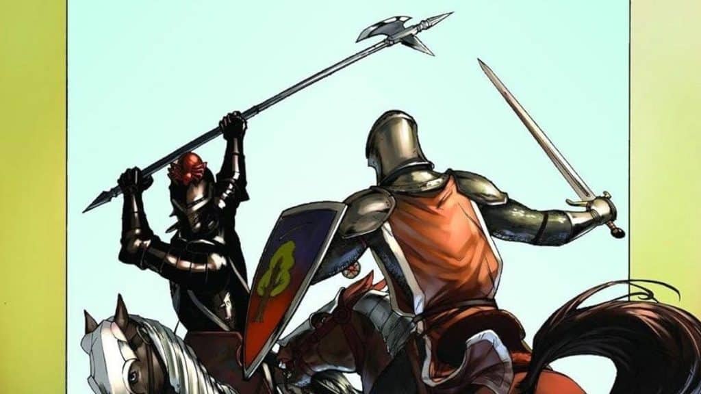 Two medieval knights are engaged in a duel. One knight in black armor wields an axe while riding a dark horse, facing the other knight in orange armor with a spear and shield, depicted from behind