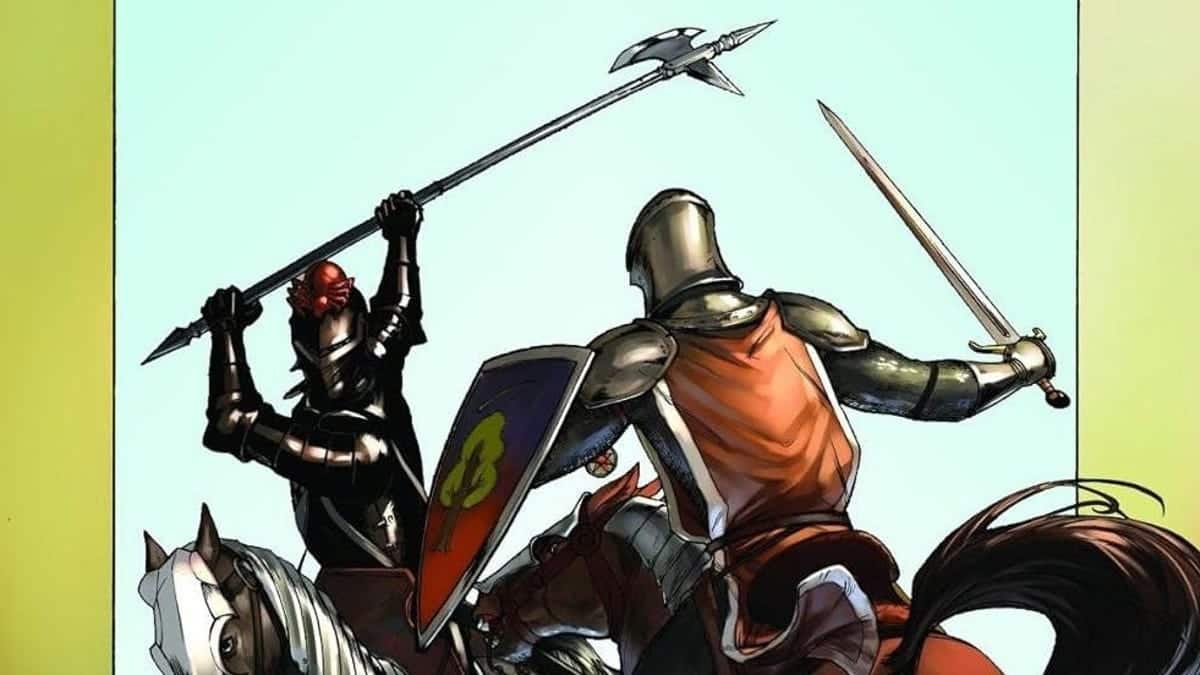 Two medieval knights are engaged in a duel. One knight in black armor wields an axe while riding a dark horse, facing the other knight in orange armor with a spear and shield, depicted from behind