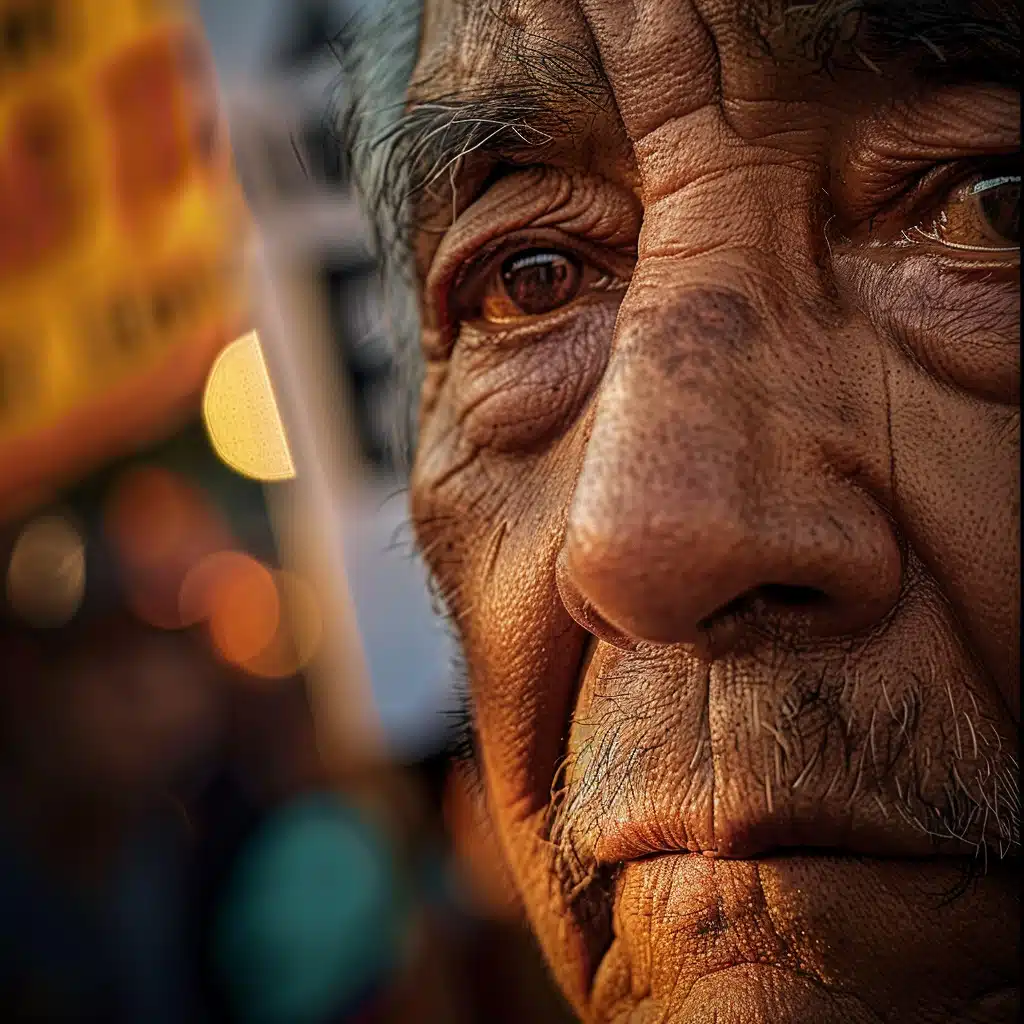 Close-up of an elderly Latino man's face showing detailed textures of his skin, wrinkles, and expressive eyes with a blurred background suggesting a busy, possibly urban setting. Sunlight highlights his features, adding