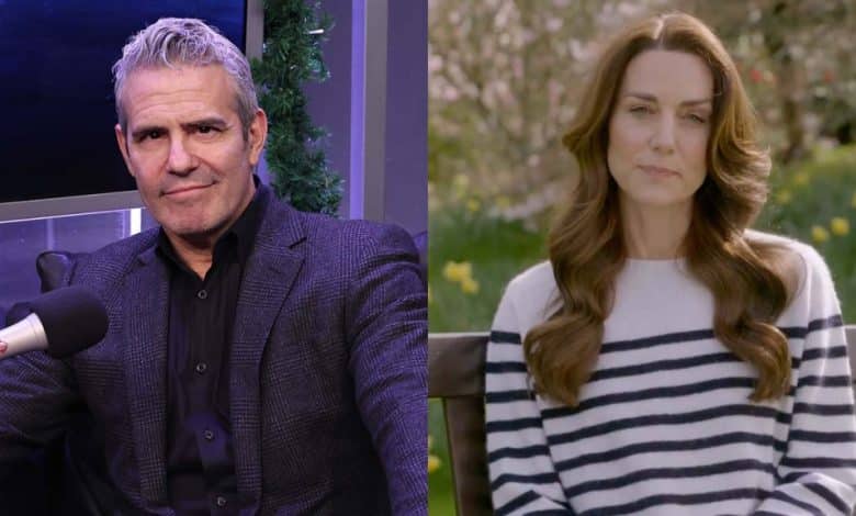 Split image featuring Andy Cohen on the left in a studio, with gray hair, wearing a dark jacket, seated before a microphone; and Kate Middleton on the right outdoors, with long brunette hair, in