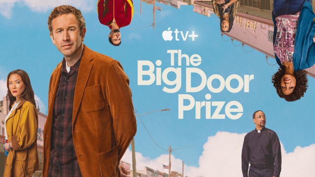 Promotional poster for "The Big Door Prize" on Apple TV+. Features six diverse cast members in different poses with a pastel sky background, the show’s title in large font centered at the bottom