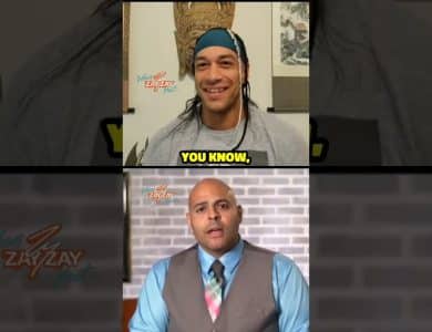 A split-screen image shows two men in separate frames. The top frame displays a smiling man with long hair wearing a beanie and a gray sweatshirt, against the backdrop of "Backstage Secrets with