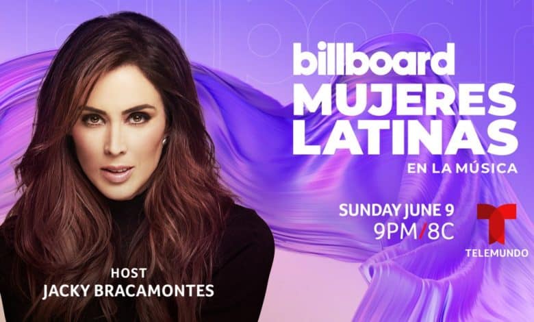 Promotional image for the "2nd Annual Billboard & Telemundo Latin Women in Music Event," featuring host Jacky Bracamontes. She appears with flowing hair, against a purple background.