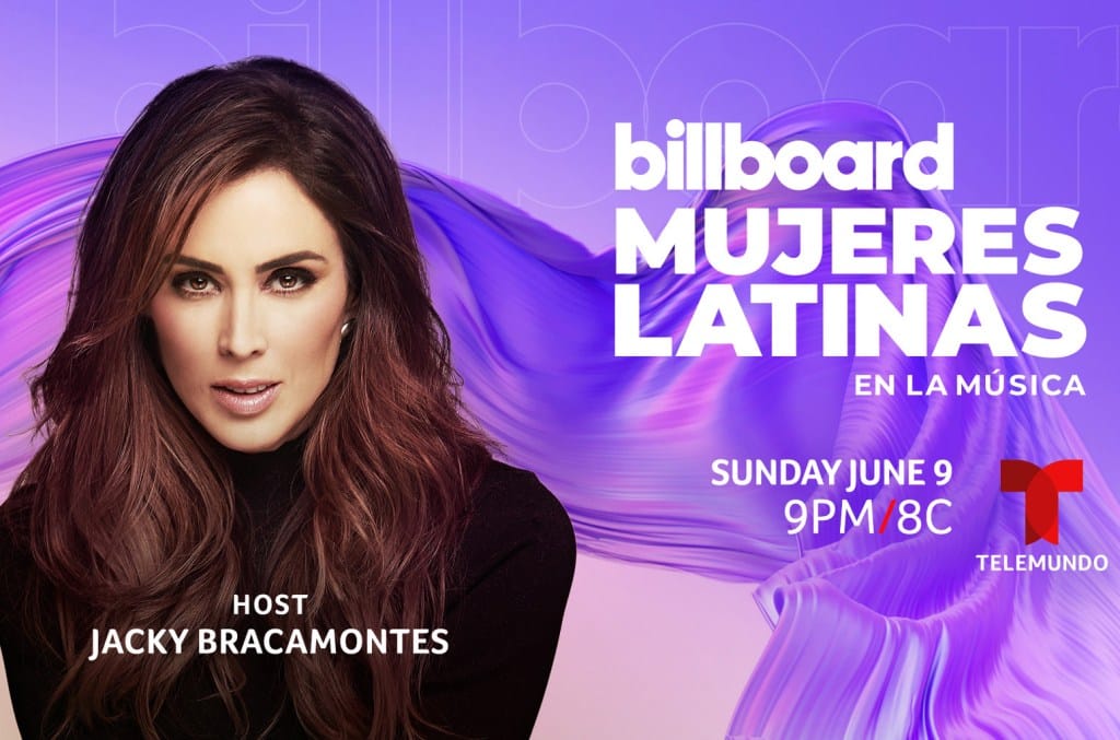 Promotional image for the "2nd Annual Billboard & Telemundo Latin Women in Music Event," featuring host Jacky Bracamontes. She appears with flowing hair, against a purple background.