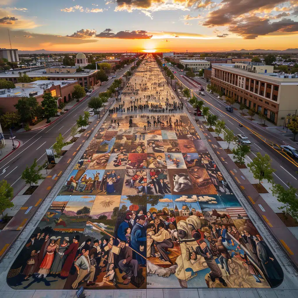 Aerial view of a vibrant street mural depicting various scenes from the history of Latino and Hispanic Americans, surrounded by gathered crowds and flanked by buildings, with a sunset backdrop.