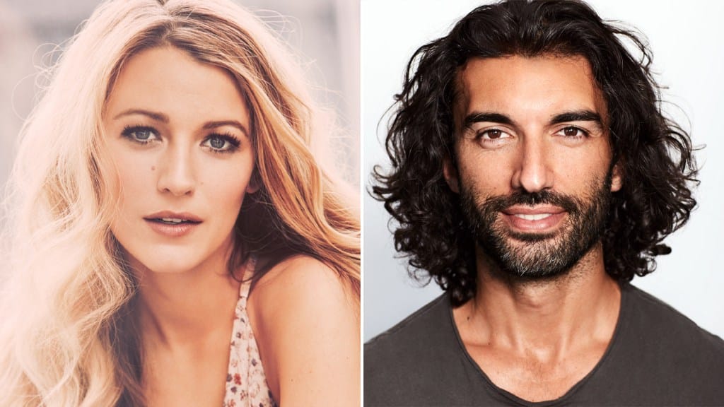 Split image featuring a woman with blond wavy hair and a light, floral top on the left, depicted by Blake Lively, and a man with shoulder-length curly black hair and a dark shirt on