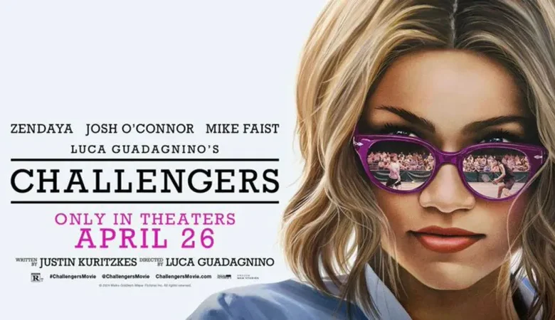 Promotional movie poster for "Challengers," featuring Zendaya Shines as Tashi in 'Challengers' - A Must-Watch! wearing purple reflective sunglasses that show a tennis court.