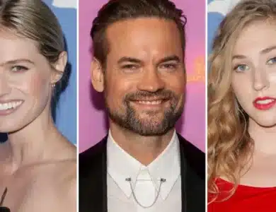 Three headshots of celebrities at events. The first is a woman with a ponytail, smiling in a black outfit. The middle image features Shane from 'Theater Is Dead', donning a beard