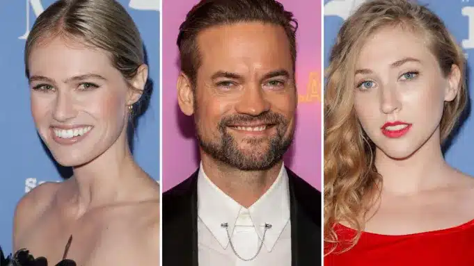 Three headshots of celebrities at events. The first is a woman with a ponytail, smiling in a black outfit. The middle image features Shane from 'Theater Is Dead', donning a beard