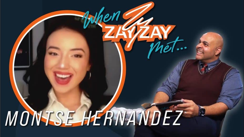 Promotional graphic for a podcast episode titled "When ZayZay Met... Montse Hernández." Features an image of a smiling man in a vest and shirt, holding a tablet, and a