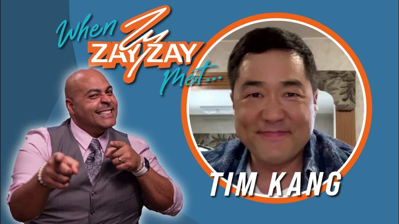 Promotional graphic featuring two men: one animatedly talking in a studio, labeled "when zayzay met...", and the other, Tim Kang from Magnum P.I., smiling in a video call