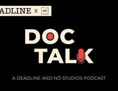 Graphic for "Doc Talk: Ridley Slams Peltz & Disney; 'Happiest' Doc Highlight," a deadline and nō studios podcast, featuring bold white and red text on a black