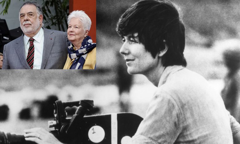 A split image featuring Eleanor Coppola and a man on the left, smiling and standing together at an event, and a black and white photo of a young woman on the right, looking focused while operating