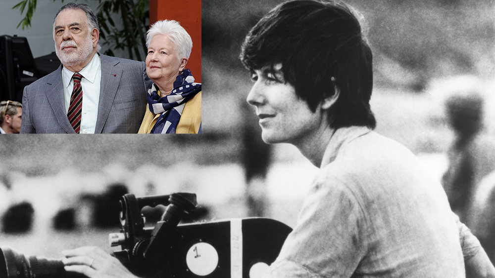 A split image featuring Eleanor Coppola and a man on the left, smiling and standing together at an event, and a black and white photo of a young woman on the right, looking focused while operating