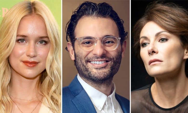 Three headshots in a collage: Elizabeth Lail with long blonde hair, Arian Moayed with curly hair and glasses wearing a suit, and Laura Benanti as an older woman with short brown hair