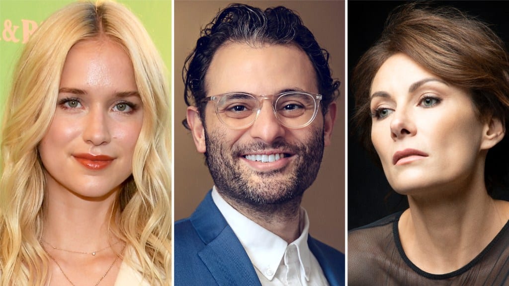 Three headshots in a collage: Elizabeth Lail with long blonde hair, Arian Moayed with curly hair and glasses wearing a suit, and Laura Benanti as an older woman with short brown hair