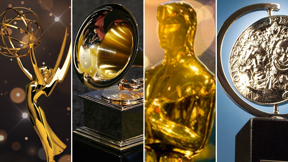 Four prestigious entertainment awards from the 2024-25 Awards Calendar displayed side-by-side: an Emmy Award with a winged woman holding an atom, a Golden Globe Award featuring a golden sphere