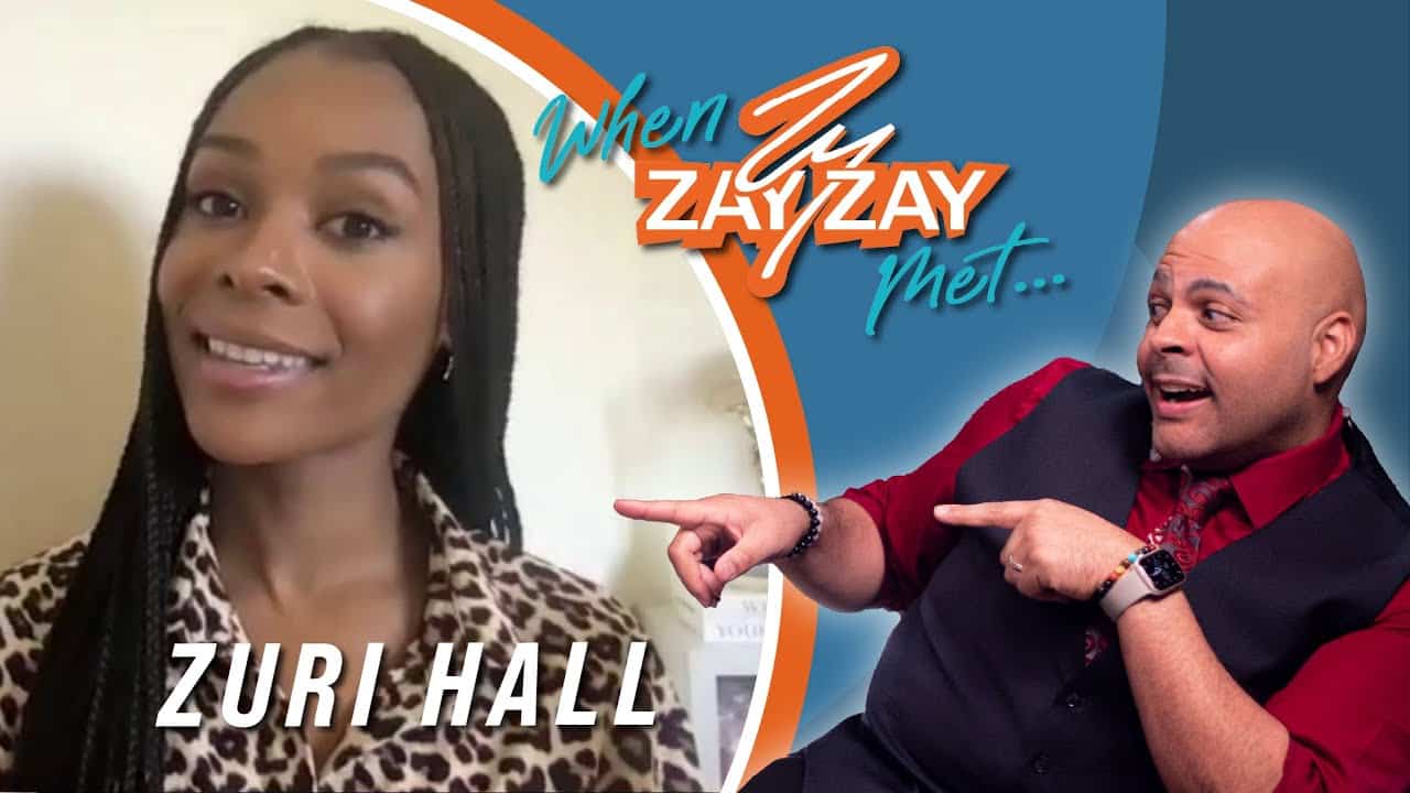 Split image featuring Emmy winner Zuri Hall on the left in a selfie, smiling and wearing a leopard print top. On the right, a man gestures towards her name with a logo saying