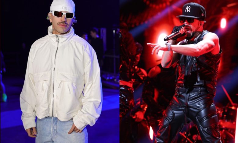 Split image: on the left, Feid in a white puffer jacket and sunglasses poses casually. On the right, Yandel dressed in black leather, wearing sunglasses and a baseball