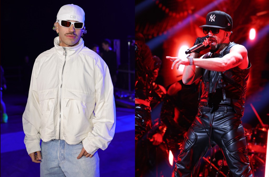 Split image: on the left, Feid in a white puffer jacket and sunglasses poses casually. On the right, Yandel dressed in black leather, wearing sunglasses and a baseball