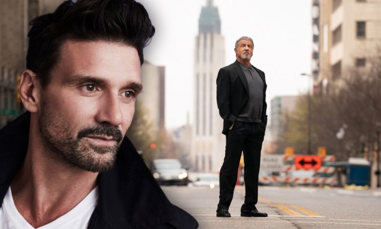 A split-image featuring two men: on the left, a close-up of Frank Grillo with a slight beard, and on the right, an older man standing confidently in the middle of a city street