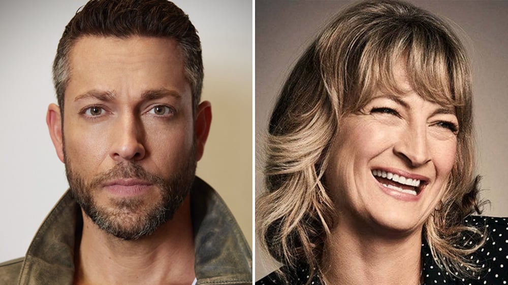 Split image: on the left, a man with stubble, piercing blue eyes, and a serious expression wearing a denim jacket. On the right, a woman with shoulder-length blonde hair, laughing,