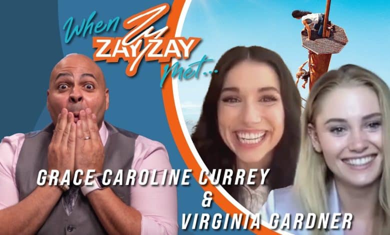 Image for a YouTube video titled "When JzayZay Met... Grace Caroline Currey & Virginia Gardner". Features a man in a grey vest looking surprised, and a split screen showing Grace