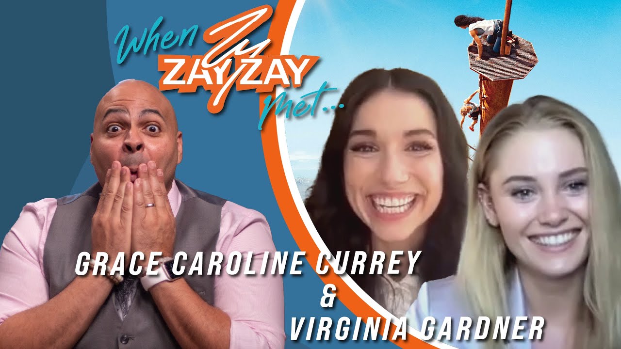 Image for a YouTube video titled "When JzayZay Met... Grace Caroline Currey & Virginia Gardner". Features a man in a grey vest looking surprised, and a split screen showing Grace